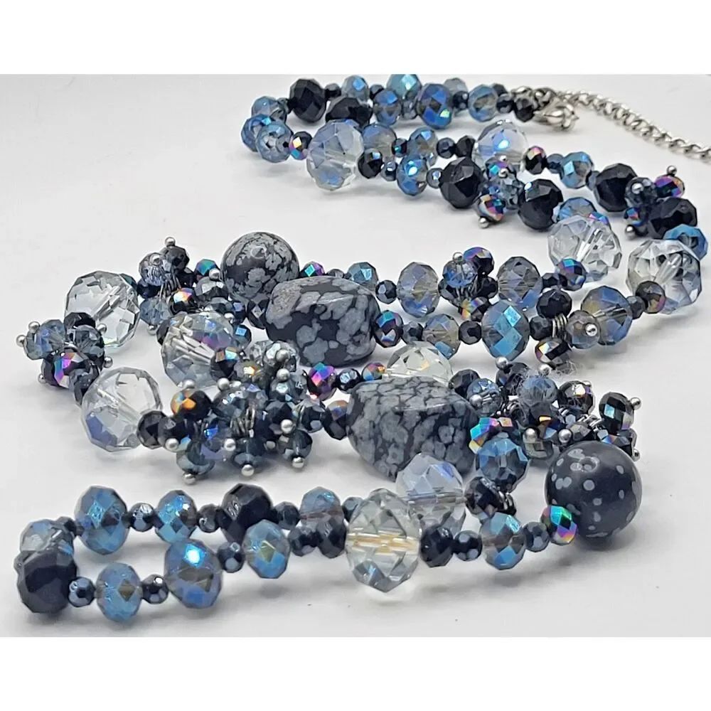 Snowflake Obsidian, Faceted Crystal, AB Oil Spill, Artisan Beaded Necklace 40in